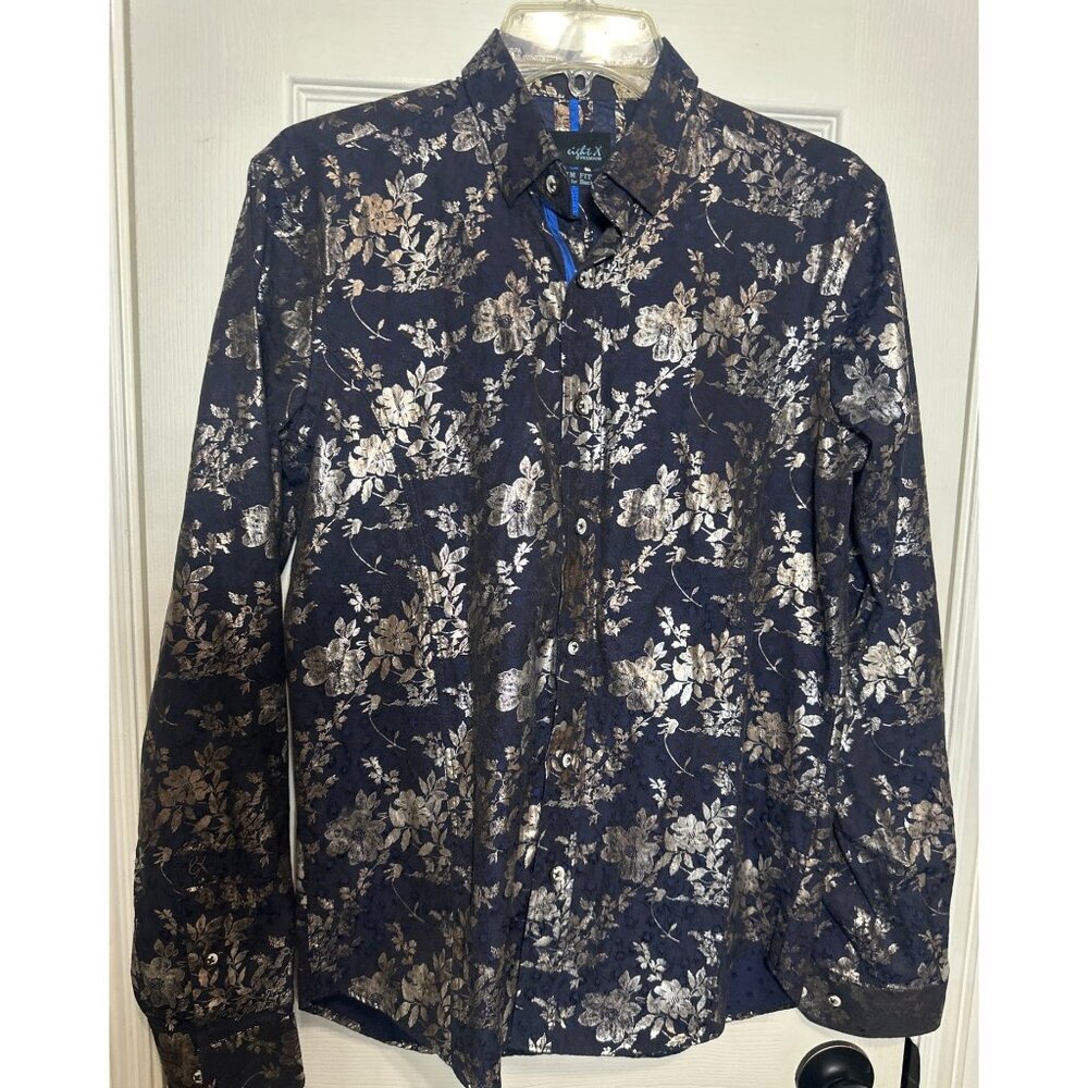 Eight X Jacquard Gold Floral Foil Button Down Shirt, Size Small